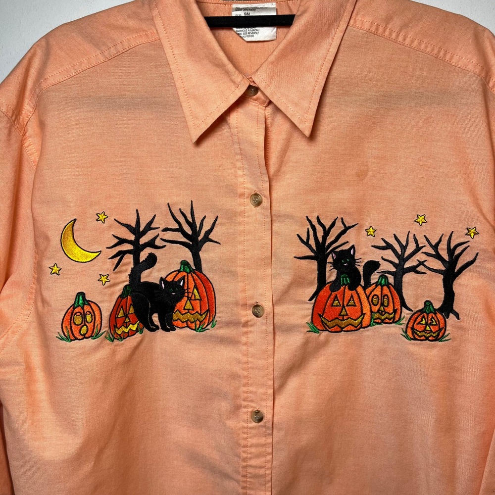 Vintage Halloween Embroidered Button Up Black Cat Pumpkin Moon Spooky Sz Medium - Picture 7 of 11